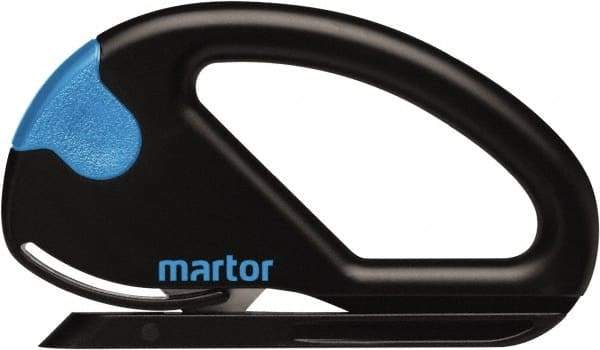 Martor USA - Fixed Safety Cutter - 1-11/16" Carbon Steel Blade, Black & Blue Polycarbonate Handle, 1 Blade Included - Americas Industrial Supply