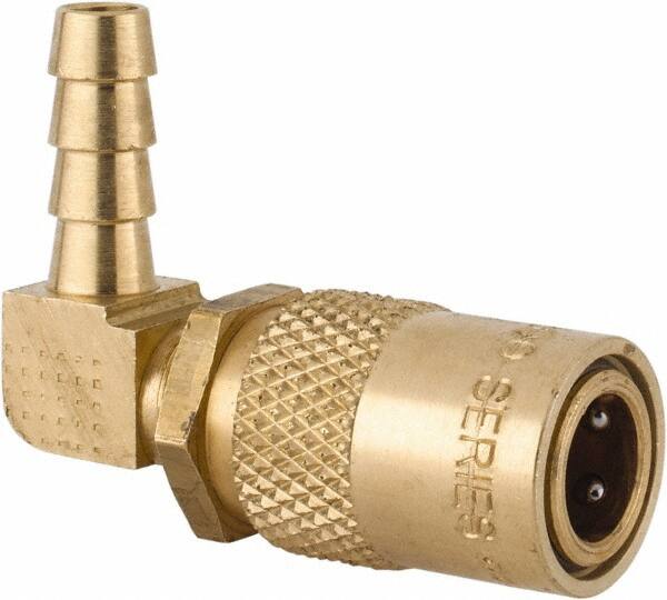 Coilhose Pneumatics - Hose Barb Non-Valved Moldflow Pneumatic Hose 90° Non-Valved Coupler - Brass, 1/4" Body Diam, 1/4" Hose ID - Americas Industrial Supply
