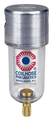 Coilhose Pneumatics - 1/8" Port, 4" High x 1-1/2" Wide, Miniature FRL Filter with Polycarbonate Bowl & Manual Drain - 25 SCFM, 150 Max psi, 120°F Max, 1.5 oz Bowl Capacity - Americas Industrial Supply