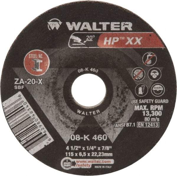 WALTER Surface Technologies - 20 Grit, 4-1/2" Wheel Diam, 1/4" Wheel Thickness, Type 27 Depressed Center Wheel - Aluminum Oxide, 13,300 Max RPM - Americas Industrial Supply