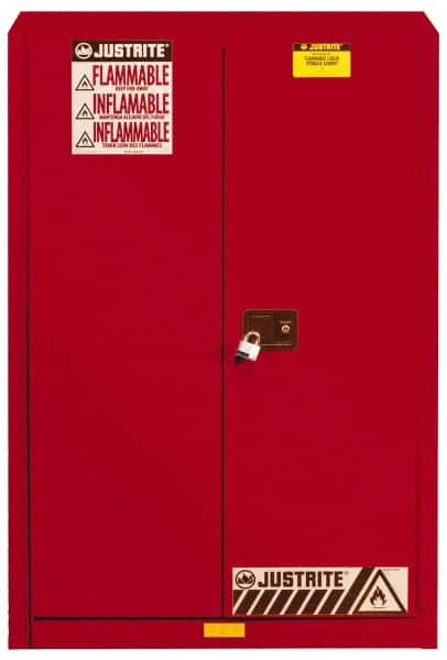 Justrite - 2 Door, 5 Shelf, Red Steel Standard Safety Cabinet for Flammable and Combustible Liquids - 65" High x 43" Wide x 18" Deep, Manual Closing Door, 3 Point Key Lock, 60 Gal Capacity - Americas Industrial Supply