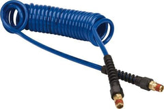Coilhose Pneumatics - 1/4" ID, 1/4 Thread, 15' Long, Dark Blue Polyurethane Coiled & Self Storing Hose - 125 Max psi, Male Swivel x Male Swivel with Strain Relief - Americas Industrial Supply