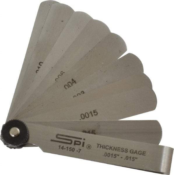 SPI - 9 Piece, 0.0015 to 0.015", Parallel Feeler Gage Set - 3" Long x 1/2" Wide, Tempered Steel - Americas Industrial Supply