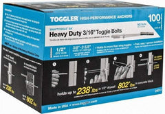 Toggler - 3/16" Screw, 6-1/4" Long, 3/8 to 3-5/8" Thick, Toggle Bolt Drywall & Hollow Wall Anchor - 3/16 - 24" Thread, 1/2" Drill, Zinc Plated, Steel, Grade 1010, Use in Drywall - Americas Industrial Supply