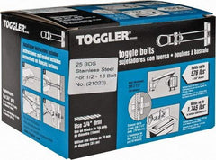 Toggler - 1/2" Screw, 6" Long, 3/8 to 2-1/2" Thick, Toggle Bolt Drywall & Hollow Wall Anchor - 1/2 - 13" Thread, 3/4" Drill, Uncoated, Stainless Steel, Grade 304, Use in Drywall - Americas Industrial Supply