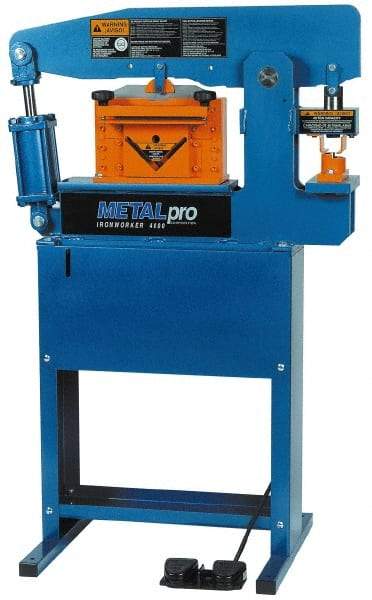 Metalpro - 3-3/4" Throat Depth, 45 Ton Punch Pressure, Ironworker - 1-1/2 hp, 1 Phase, 110 Volts, 37" Wide x 55-1/4" High x 24" Deep - Americas Industrial Supply