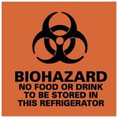 NMC - Hazardous Materials Label - Legend: Biohazard - No Food or Drink to Be Stored in This Refrigerator, English, Black & Orange, 4" Long x 4" High, Sign Muscle Finish - Americas Industrial Supply