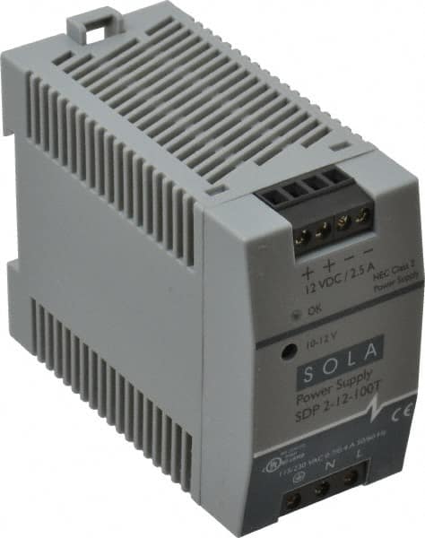 Sola/Hevi-Duty - 100 Watt, 3 to 2.5 Amp, 264 VAC, 375 VDC Input, 10 to 12 VDC Output, DIN Rail Power Supply - Screw Terminal Connection, 1 Output, 1.77 Inch Wide x 3.58 Inch Deep x 2.95 Inch High, Up to 80% Efficiency, 14 to 140°F, Green LED Display - Americas Industrial Supply