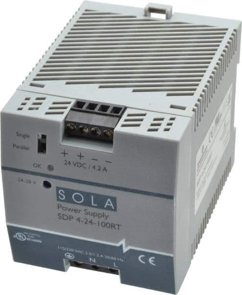 Sola/Hevi-Duty - 100 Watt, 4.20 Amp, 132 VAC, 264 VAC, 375 VDC Input, 24 to 28 VDC Output, DIN Rail Power Supply - Screw Terminal Connection, 1 Output, 2.85 Inch Wide x 3.8 Inch Deep x 2.95 Inch High, Up to 88% Efficiency, 14 to 140°F, Green LED Display - Americas Industrial Supply