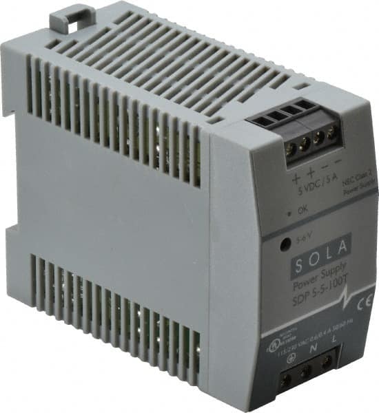 Sola/Hevi-Duty - 100 Watt, 5 Amp, 264 VAC, 375 VDC Input, 5 to 6 VDC Output, DIN Rail Power Supply - Screw Terminal Connection, 1 Output, 1.77 Inch Wide x 3.58 Inch Deep x 2.95 Inch High, Up to 80% Efficiency, 14 to 140°F, Green LED Display - Americas Industrial Supply