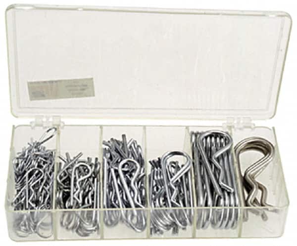 Precision Brand - 150 Piece, 1/16 to 3/16" Pin Diam, Hitch Pin Assortment - 1-9/16 to 3-1/4" Long, Steel - Americas Industrial Supply