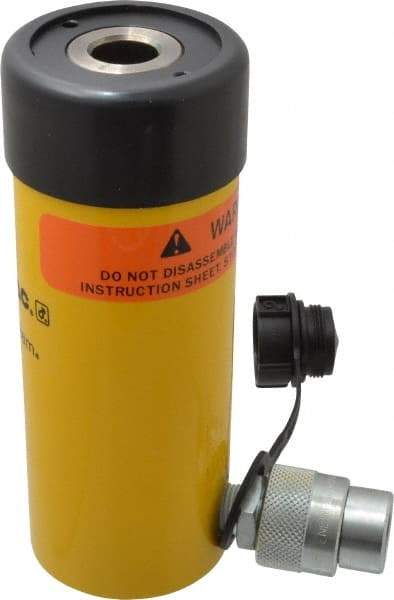 Enerpac - 12 Ton, 3" Stroke, 8.29 Cu In Oil Capacity, Portable Hydraulic Hollow Hole Cylinder - 2.76 Sq In Effective Area, 7.25" Lowered Ht., 10.25" Max Ht., 2.13" Cyl Bore Diam, 1.38" Plunger Rod Diam, 10,000 Max psi - Americas Industrial Supply