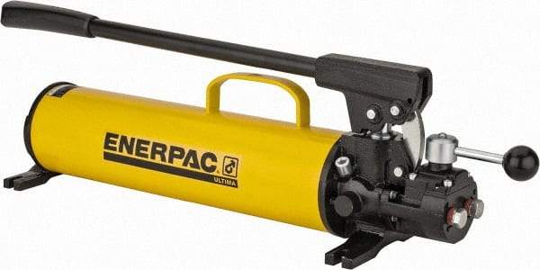 Enerpac - 1" Piston Stroke, 1-1/8" Piston Diam, 1.00, 0.15 Cu In per Stroke, 134 Cu In Reservoir Capacity, Manual Hydraulic Pump - 10,000 psi, 77 Lbs. Max Handle Effort, 2 Stage - Americas Industrial Supply