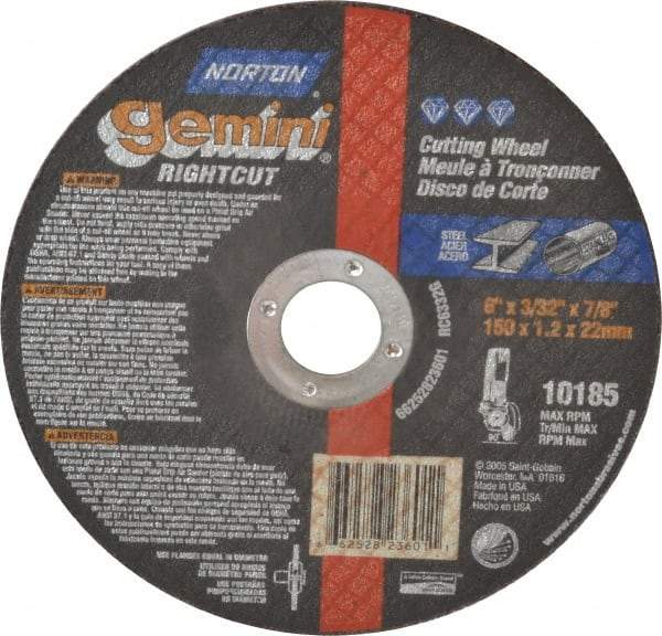 Norton - 6" Aluminum Oxide Cutoff Wheel - 3/32" Thick, 7/8" Arbor, 10,185 Max RPM, Use with Angle Grinders - Americas Industrial Supply