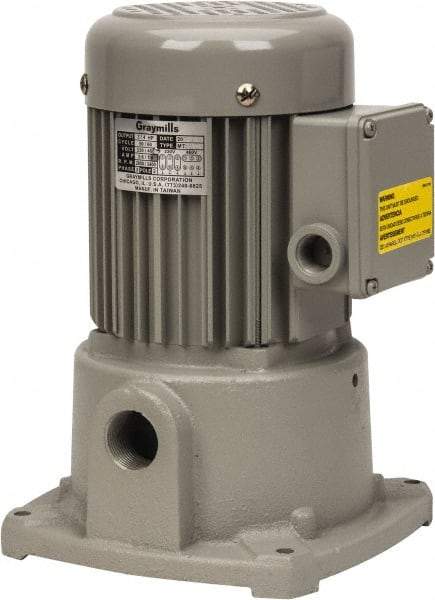 Graymills - 230/460 Volt, 3/4 hp, 3 Phase, 3,450 RPM, Cast Iron Suction Machine Tool & Recirculating Pump - 43 GPM, 1" Inlet, 52 psi, 8" Long x 8" Mounting Flange Width, 11-13/16" Overall Height, Metric Thread, Aluminum Impeller - Americas Industrial Supply