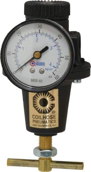 Coilhose Pneumatics - 3/8 NPT Port, 40 CFM, Cast Aluminum Heavy-Duty T-Handle Regulator - 0 to 60 psi Range, 250 Max psi Supply Pressure, 1/4" Gauge Port Thread, 3" Wide x 5-1/2" High - Americas Industrial Supply