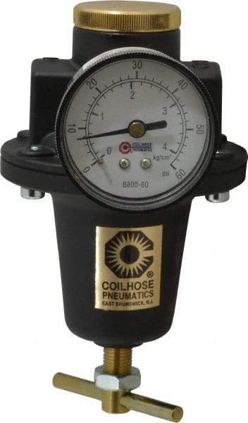 Coilhose Pneumatics - 1/2 NPT Port, 80 CFM, Cast Aluminum Heavy-Duty T-Handle Regulator - 0 to 60 psi Range, 250 Max psi Supply Pressure, 1/4" Gauge Port Thread, 4" Wide x 7" High - Americas Industrial Supply