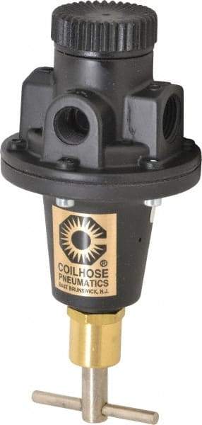 Coilhose Pneumatics - 3/8 NPT Port, 40 CFM, Cast Aluminum Tamper Proof Heavy-Duty T-Handle Regulator - 0 to 200 psi Range, 250 Max psi Supply Pressure, 1/4" Gauge Port Thread, 3" Wide x 5-1/2" High - Americas Industrial Supply