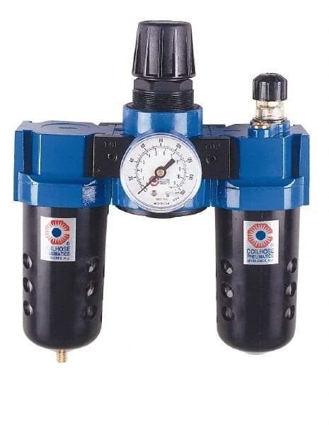 Coilhose Pneumatics - 1/2" NPT Port Standard 3 Piece Filter-Regulator-Lubricator FRL Unit - Polycarbonate Bowl, 127 SCFM, 150 Max psi, 10.5" High, Manual Drain - Americas Industrial Supply