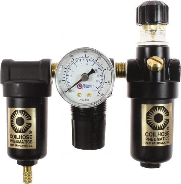 Coilhose Pneumatics - 1/4" NPT Port Miniature 3 Piece Filter-Regulator-Lubricator FRL Unit - Metal Bowl, 25 SCFM, 250 Max psi, 6.125" High, Manual Drain - Americas Industrial Supply