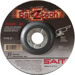 Sait - 24 Grit, 5" Wheel Diam, 1/4" Wheel Thickness, 7/8" Arbor Hole, Type 27 Depressed Center Wheel - Zirconia Alumina, Resinoid Bond, R Hardness, 12,200 Max RPM, Compatible with Angle Grinder - Americas Industrial Supply