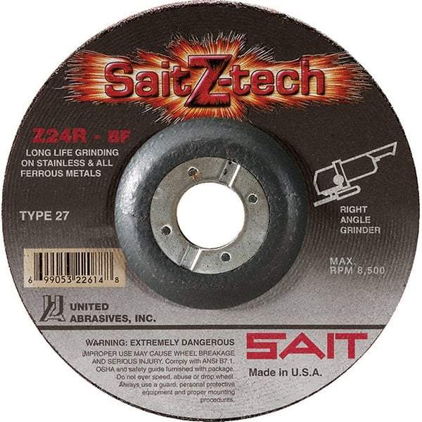 Sait - 24 Grit, 4-1/2" Wheel Diam, 1/4" Wheel Thickness, 7/8" Arbor Hole, Type 27 Depressed Center Wheel - Zirconia Alumina, Resinoid Bond, R Hardness, 13,300 Max RPM, Compatible with Angle Grinder - Americas Industrial Supply