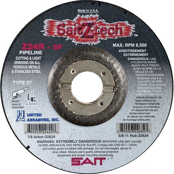 Sait - 24 Grit, 4-1/2" Wheel Diam, 1/8" Wheel Thickness, 7/8" Arbor Hole, Type 27 Depressed Center Wheel - Zirconia Alumina, Resinoid Bond, R Hardness, 13,300 Max RPM, Compatible with Angle Grinder - Americas Industrial Supply