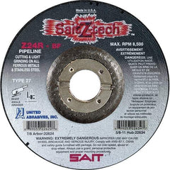 Sait - 24 Grit, 4-1/2" Wheel Diam, 1/8" Wheel Thickness, 7/8" Arbor Hole, Type 27 Depressed Center Wheel - Zirconia Alumina, Resinoid Bond, R Hardness, 13,300 Max RPM, Compatible with Angle Grinder - Americas Industrial Supply