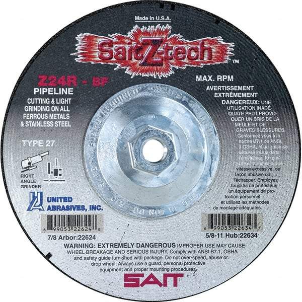 Sait - 24 Grit, 4-1/2" Wheel Diam, 1/8" Wheel Thickness, Type 27 Depressed Center Wheel - Zirconia Alumina, Resinoid Bond, R Hardness, 13,300 Max RPM, Compatible with Angle Grinder - Americas Industrial Supply