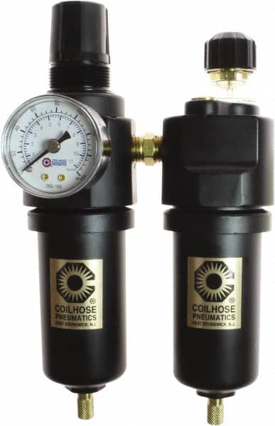 Coilhose Pneumatics - 1/4" NPT Port Compact 3 Piece Filter-Regulator-Lubricator FRL Unit - Zinc Bowl, 48 SCFM, 250 Max psi, 6.5" High, Automatic Drain - Americas Industrial Supply