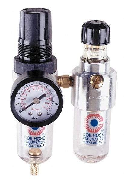 Coilhose Pneumatics - 1/4" NPT Port Miniature 2 Piece Filter/Regulator-Lubricator FRL Unit - Polycarbonate Bowl, 25 SCFM, 150 Max psi, 6" High, Manual Drain - Americas Industrial Supply