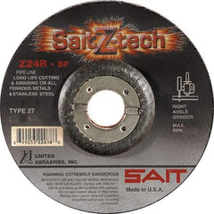 Sait - 24 Grit, 4-1/2" Wheel Diam, 3/32" Wheel Thickness, 7/8" Arbor Hole, Type 27 Depressed Center Wheel - Zirconia Alumina, Resinoid Bond, R Hardness, 13,300 Max RPM, Compatible with Angle Grinder - Americas Industrial Supply