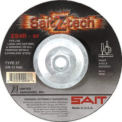 Sait - 24 Grit, 4-1/2" Wheel Diam, 3/32" Wheel Thickness, Type 27 Depressed Center Wheel - Zirconia Alumina, Resinoid Bond, R Hardness, 13,300 Max RPM, Compatible with Angle Grinder - Americas Industrial Supply