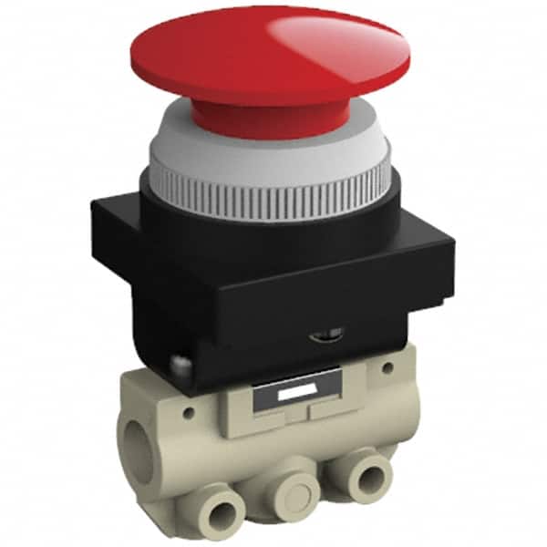 SMC PNEUMATICS - 0.14 CV Rate, 1/8" NPT Inlet Mechanical Valve - 2 Way, 2 Ports, Push Button Mushroom - Americas Industrial Supply
