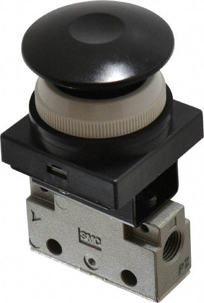 SMC PNEUMATICS - 0.14 CV Rate, 1/8" NPT Inlet Mechanical Valve - 3 Way, 2 Ports, Push Button Mushroom - Americas Industrial Supply