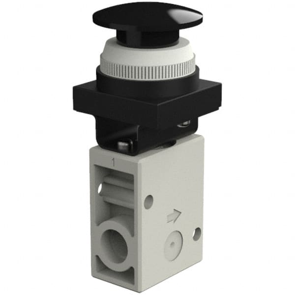 SMC PNEUMATICS - 1.00 CV Rate, 1/4" NPT Inlet Mechanical Valve - 3 Way, 2 Ports, Push Button Mushroom - Americas Industrial Supply