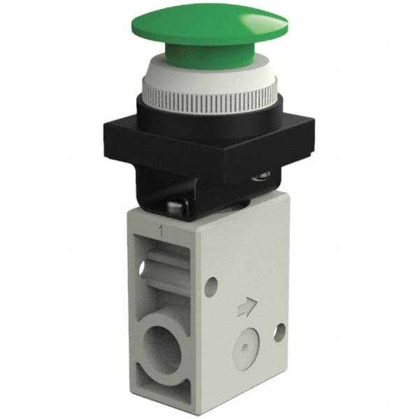 SMC PNEUMATICS - 1.00 CV Rate, 1/4" NPT Inlet Mechanical Valve - 3 Way, 2 Ports, Push Button Mushroom - Americas Industrial Supply