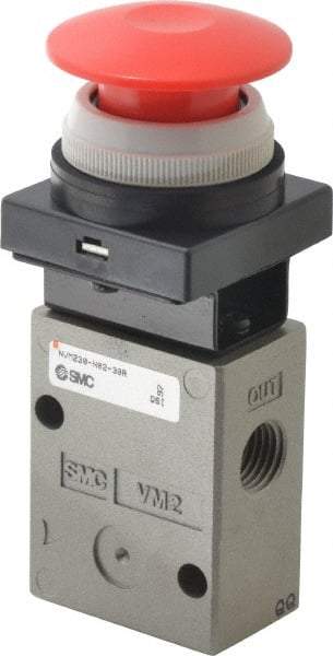 SMC PNEUMATICS - 1.00 CV Rate, 1/4" NPT Inlet Mechanical Valve - 3 Way, 2 Ports, Push Button Mushroom - Americas Industrial Supply