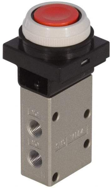 SMC PNEUMATICS - 0.38 CV Rate, 1/4" NPT Inlet Mechanical Valve - 3 Way, 3 Ports, Push Button Flush - Americas Industrial Supply