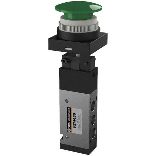 SMC PNEUMATICS - 0.55 CV Rate, 1/8" NPT Inlet Mechanical Valve - 4 Way, 5 Ports, Push Button Mushroom - Americas Industrial Supply