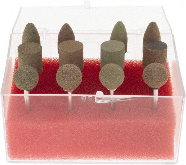 Grier Abrasives - 12 Piece Aluminum Oxide Rubber Rubber Mounted Abrasive Wheel Set - Includes Mounted Wheels with 1/8" Diam x 1-1/2" Long Shank - Americas Industrial Supply