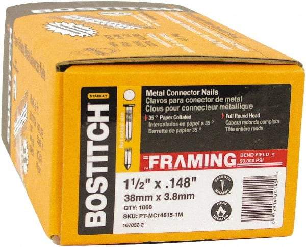 Stanley Bostitch - 10 Gauge 0.148" Shank Diam 1-1/2" Long Metal Connecting Nails for Power Nailers - Steel, Bright Finish, Smooth Shank, Angled Stick Paper Tape Collation, Round Head, Diamond Point - Americas Industrial Supply