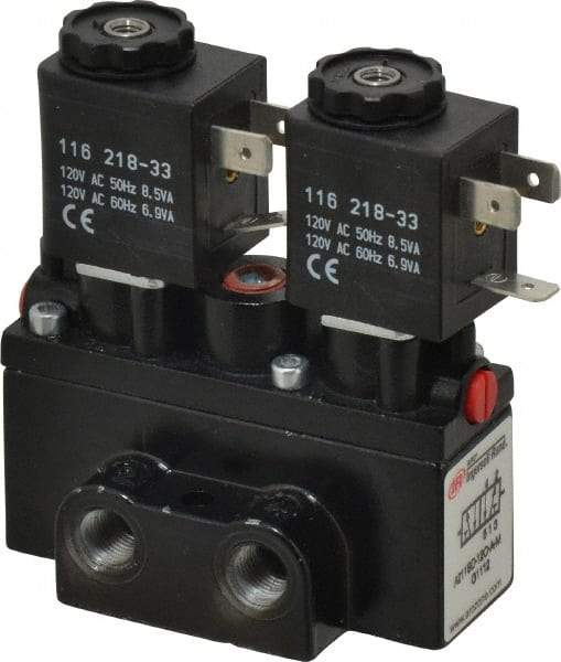 ARO/Ingersoll-Rand - 1/8" Inlet x 1/8" Outlet, Solenoid Actuator, Solenoid Return, 2 Position, Body Ported Solenoid Air Valve - 120 VAC Input, 32 CFM, 0.9 CV, 4 Way, 150 psi, 3-1/2" Long x 1-15/16" Wide x 3-1/4" High, 0 to 180°F - Americas Industrial Supply
