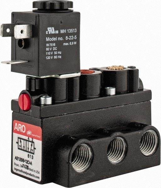 ARO/Ingersoll-Rand - 1/4" Inlet x 1/4" Outlet, Solenoid Actuator, Spring Return, 2 Position, Body Ported Solenoid Air Valve - 120 VAC Input, 54 CFM, 1.5 CV, 4 Way, 150 psi, 2-15/16" Long x 1-15/16" Wide x 1-15/16" High, 0 to 180°F - Americas Industrial Supply