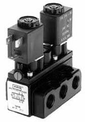 ARO/Ingersoll-Rand - 1/8" Inlet x 1/8" Outlet, Solenoid Actuator, Solenoid Return, 3 Position, Body Ported Solenoid Air Valve - 120 VAC Input, 32 CFM, 0.9 CV, 4 Way, 150 psi, 3-31/32" Long x 1-15/16" Wide x 3-1/4" High, 0 to 180°F - Americas Industrial Supply