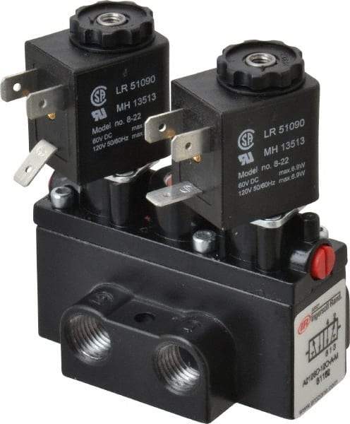 ARO/Ingersoll-Rand - 1/4" Inlet x 1/4" Outlet, Solenoid Actuator, Solenoid Return, 2 Position, Body Ported Solenoid Air Valve - 120 VAC Input, 54 CFM, 1.5 CV, 4 Way, 150 psi, 3-31/32" Long x 1-15/16" Wide x 3-1/4" High, 0 to 180°F - Americas Industrial Supply