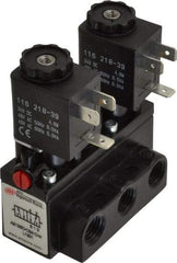ARO/Ingersoll-Rand - 1/4" Inlet x 1/4" Outlet, Solenoid Actuator, Solenoid Return, 2 Position, Body Ported Solenoid Air Valve - 24 VDC Input, 54 CFM, 1.5 CV, 4 Way, 150 psi, 3-31/32" Long x 1-15/16" Wide x 3-1/4" High, 0 to 180°F - Americas Industrial Supply