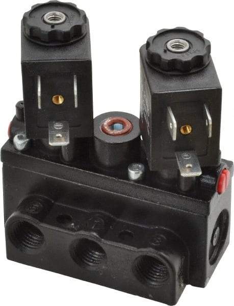 ARO/Ingersoll-Rand - 1/4" Inlet x 1/4" Outlet, Solenoid Actuator, Solenoid Return, 3 Position, Body Ported Solenoid Air Valve - 120 VAC Input, 32 CFM, 0.9 CV, 4 Way, 150 psi, 2-15/16" Long x 1-15/16" Wide x 1-13/16" High, 0 to 180°F - Americas Industrial Supply
