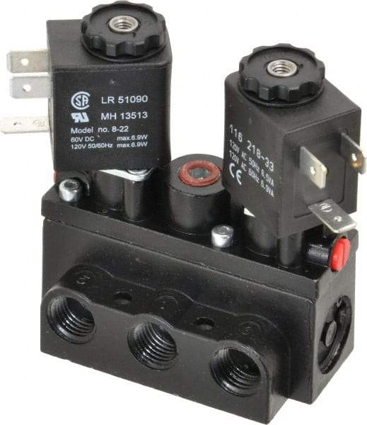 ARO/Ingersoll-Rand - 1/4" Inlet x 1/4" Outlet, Solenoid Actuator, Solenoid Return, 3 Position, Body Ported Solenoid Air Valve - 120 VAC Input, 32 CFM, 0.9 CV, 4 Way, 150 psi, 2-15/16" Long x 1-15/16" Wide x 1-13/16" High, 0 to 180°F - Americas Industrial Supply