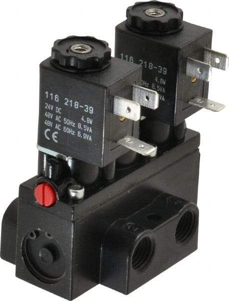 ARO/Ingersoll-Rand - 1/4" Inlet x 1/4" Outlet, Solenoid Actuator, Solenoid Return, 3 Position, Body Ported Solenoid Air Valve - 24 VDC Input, 32 CFM, 0.9 CV, 4 Way, 150 psi, 2-15/16" Long x 1-15/16" Wide x 1-13/16" High, 0 to 180°F - Americas Industrial Supply